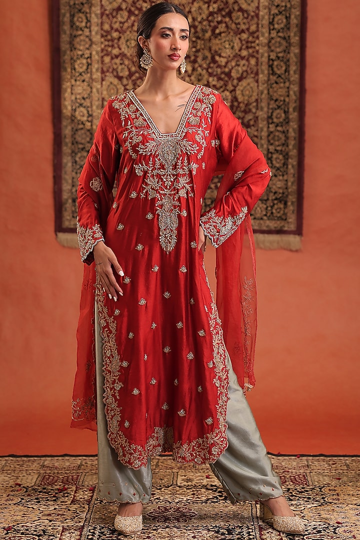 Scarlet Red & Powder Blue Pure Silk Zardosi Hand Embroidered Kurta Set by Farha Syed at Pernia's Pop Up Shop