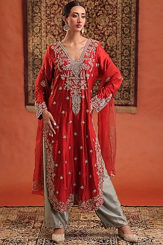 Scarlet Red & Powder Blue Pure Silk Zardosi Hand Embroidered Kurta Set by Farha Syed