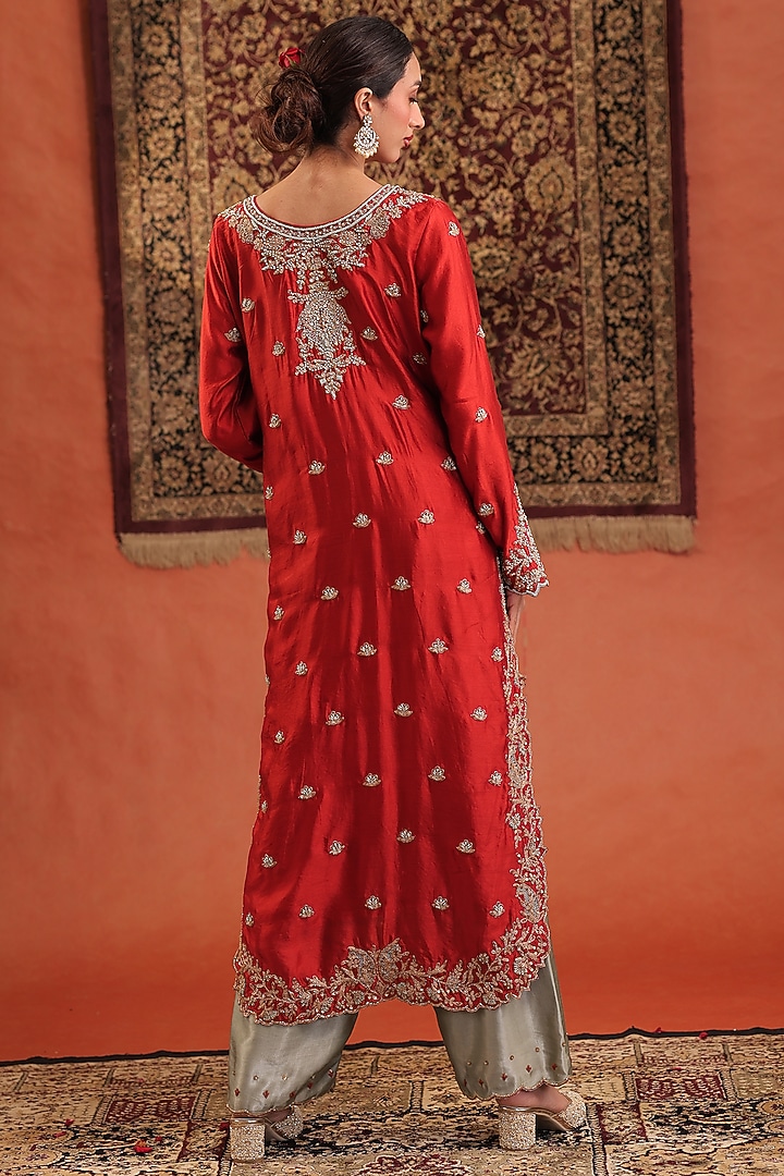 Scarlet Red & Powder Blue Pure Silk Zardosi Hand Embroidered Kurta Set by Farha Syed at Pernia's Pop Up Shop