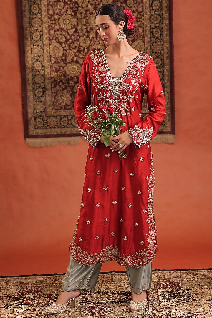 Scarlet Red & Powder Blue Pure Silk Zardosi Hand Embroidered Kurta Set by Farha Syed at Pernia's Pop Up Shop