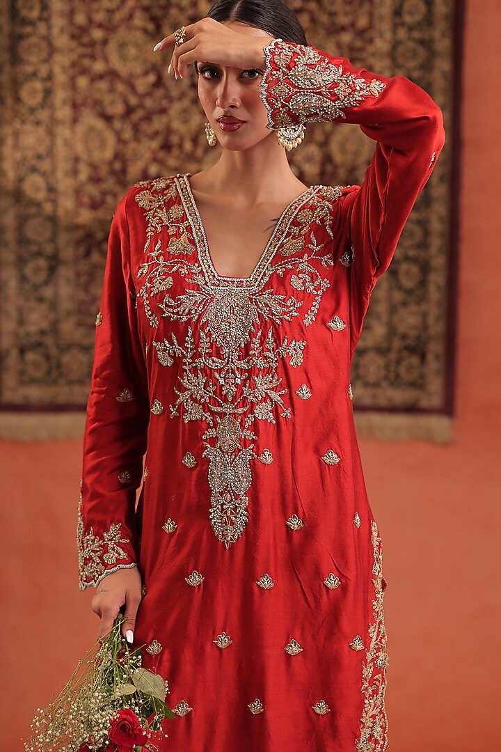 Scarlet Red & Powder Blue Pure Silk Zardosi Hand Embroidered Kurta Set by Farha Syed at Pernia's Pop Up Shop