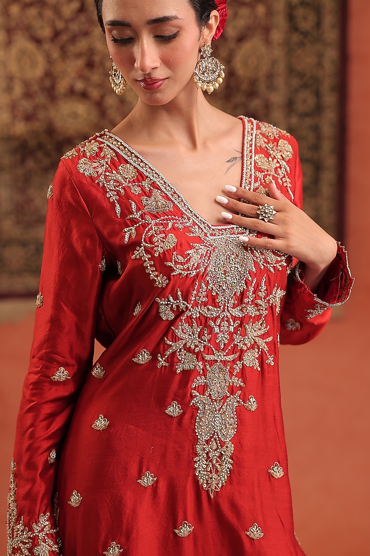 Scarlet Red & Powder Blue Pure Silk Zardosi Hand Embroidered Kurta Set by Farha Syed at Pernia's Pop Up Shop