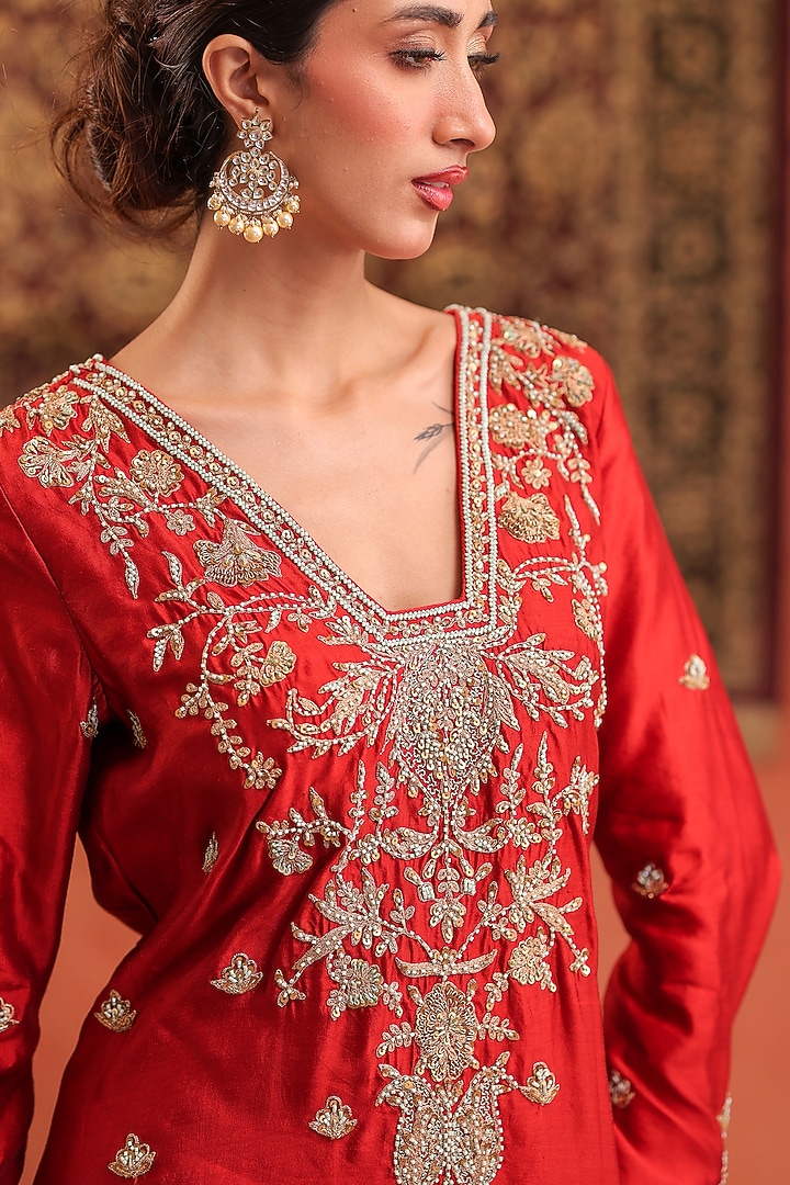 Scarlet Red & Powder Blue Pure Silk Zardosi Hand Embroidered Kurta Set by Farha Syed at Pernia's Pop Up Shop