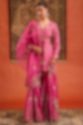 Pink Pure Silk Hand Embroidered Wedding Sharara Set by Farha Syed at Pernia's Pop Up Shop