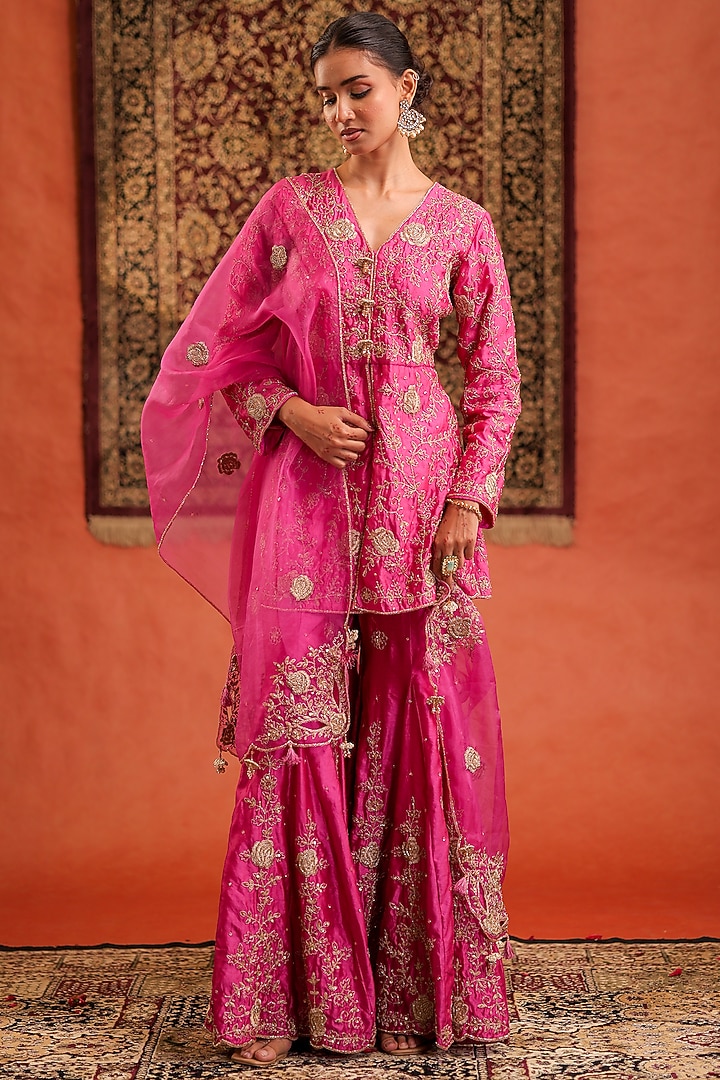 Pink Pure Silk Hand Embroidered Wedding Sharara Set by Farha Syed at Pernia's Pop Up Shop