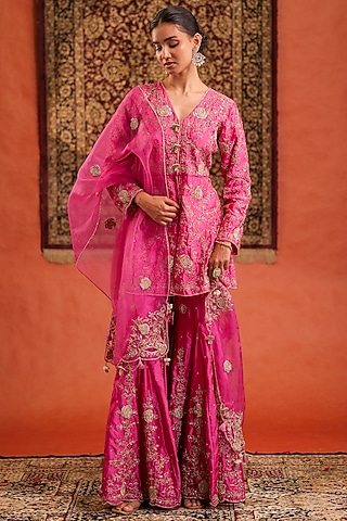 Pink Pure Silk Hand Embroidered Sharara Set by Farha Syed