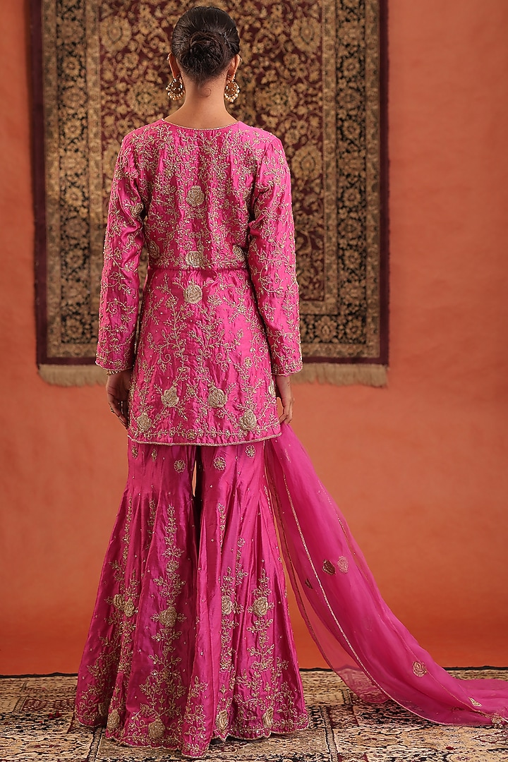 Pink Pure Silk Hand Embroidered Wedding Sharara Set by Farha Syed at Pernia's Pop Up Shop