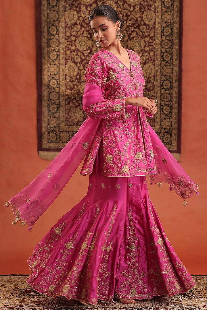 Pink Pure Silk Hand Embroidered Wedding Sharara Set by Farha Syed at Pernia's Pop Up Shop