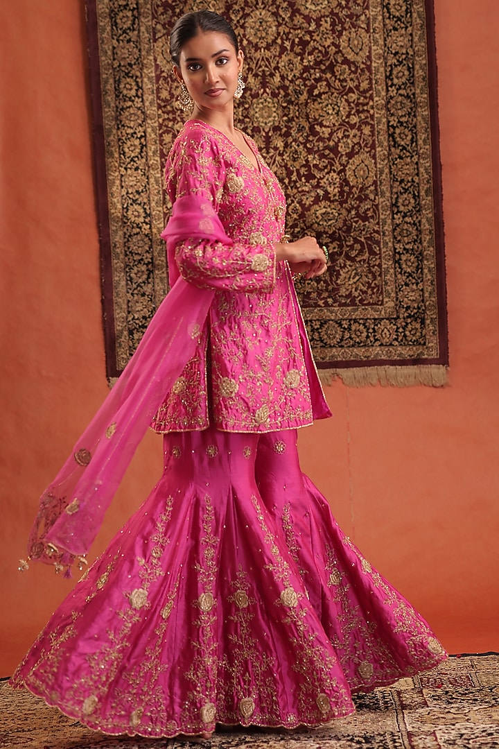 Pink Pure Silk Hand Embroidered Wedding Sharara Set by Farha Syed at Pernia's Pop Up Shop