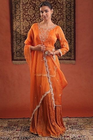Rustic Orange Chanderi Silk Hand Embroidered Kurta Set by Farha Syed