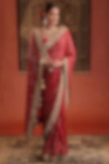 Scarlet Red Pure Georgette Hand Embroidered Reception Saree Set by Farha Syed at Pernia's Pop Up Shop