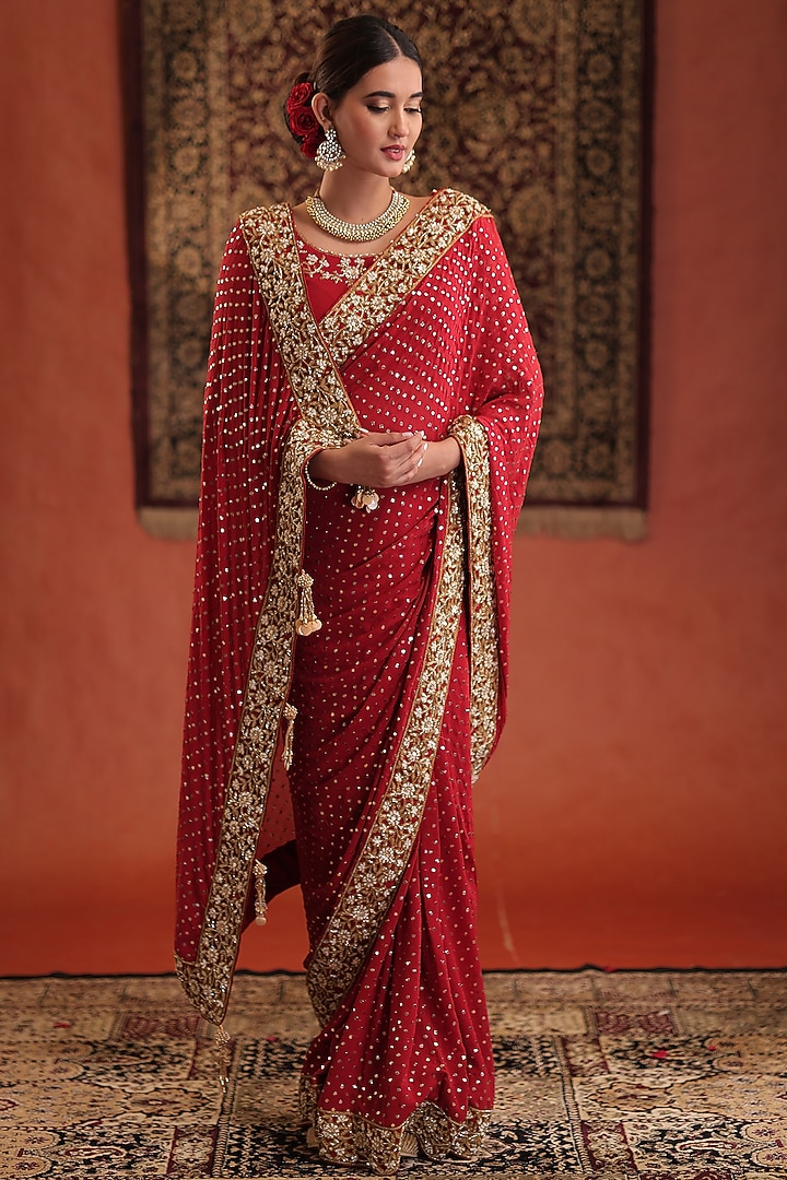 Scarlet Red Pure Georgette Hand Embroidered Reception Saree Set by Farha Syed at Pernia's Pop Up Shop