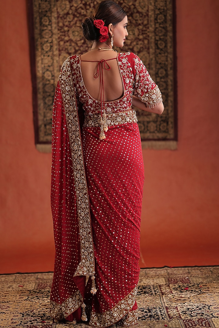Scarlet Red Pure Georgette Hand Embroidered Reception Saree Set by Farha Syed at Pernia's Pop Up Shop