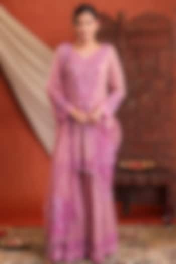 Mauvish Pink Chanderi Silk Tissue Hand Embroidered Wedding Sharara Set by Farha Syed at Pernia's Pop Up Shop