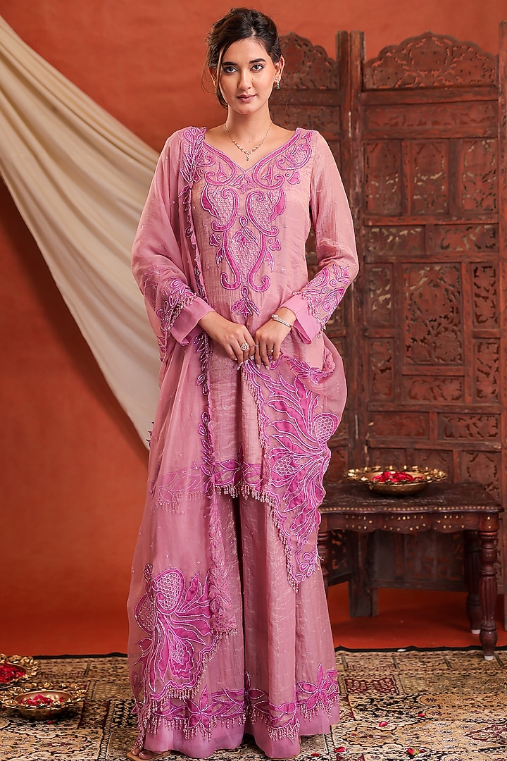 Mauvish Pink Chanderi Silk Tissue Hand Embroidered Wedding Sharara Set by Farha Syed at Pernia's Pop Up Shop