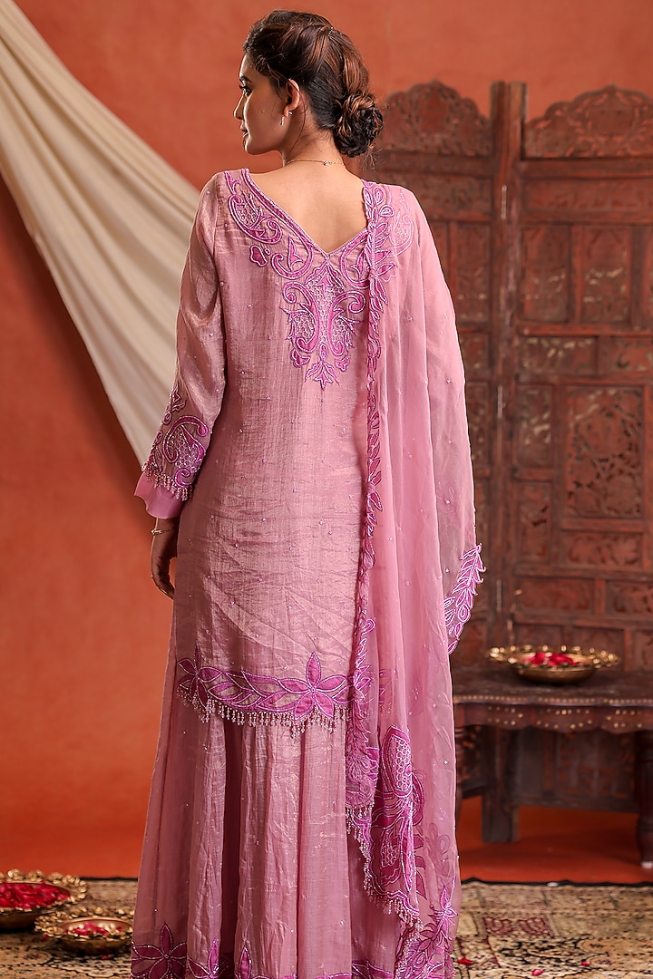 Mauvish Pink Chanderi Silk Tissue Hand Embroidered Wedding Sharara Set by Farha Syed at Pernia's Pop Up Shop