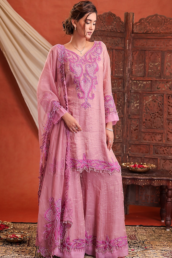 Mauvish Pink Chanderi Silk Tissue Hand Embroidered Wedding Sharara Set by Farha Syed at Pernia's Pop Up Shop