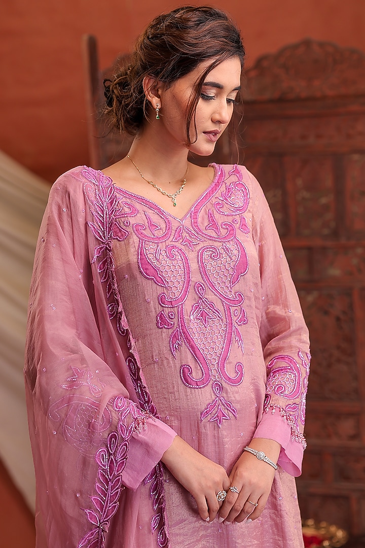 Mauvish Pink Chanderi Silk Tissue Hand Embroidered Wedding Sharara Set by Farha Syed at Pernia's Pop Up Shop