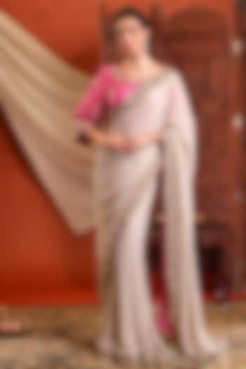 Ivory & Pink Pure Georgette Hand Embroidered Reception Saree Set by Farha Syed at Pernia's Pop Up Shop