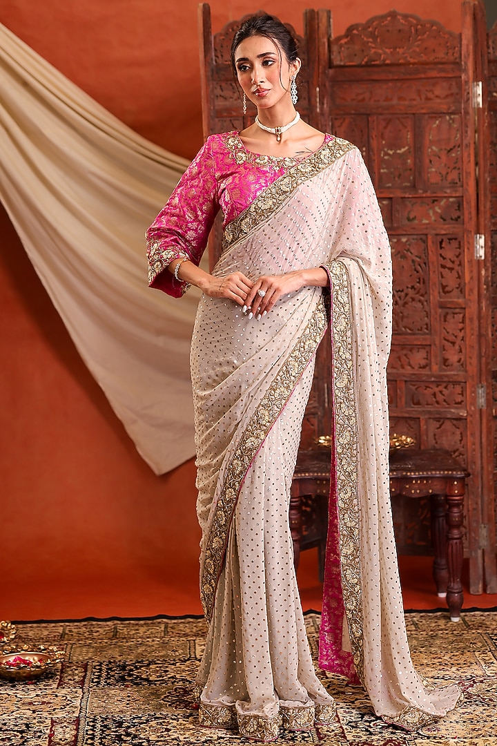Ivory & Pink Pure Georgette Hand Embroidered Reception Saree Set by Farha Syed at Pernia's Pop Up Shop