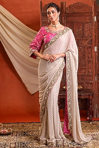 Ivory & Pink Pure Georgette Hand Embroidered Saree Set by Farha Syed
