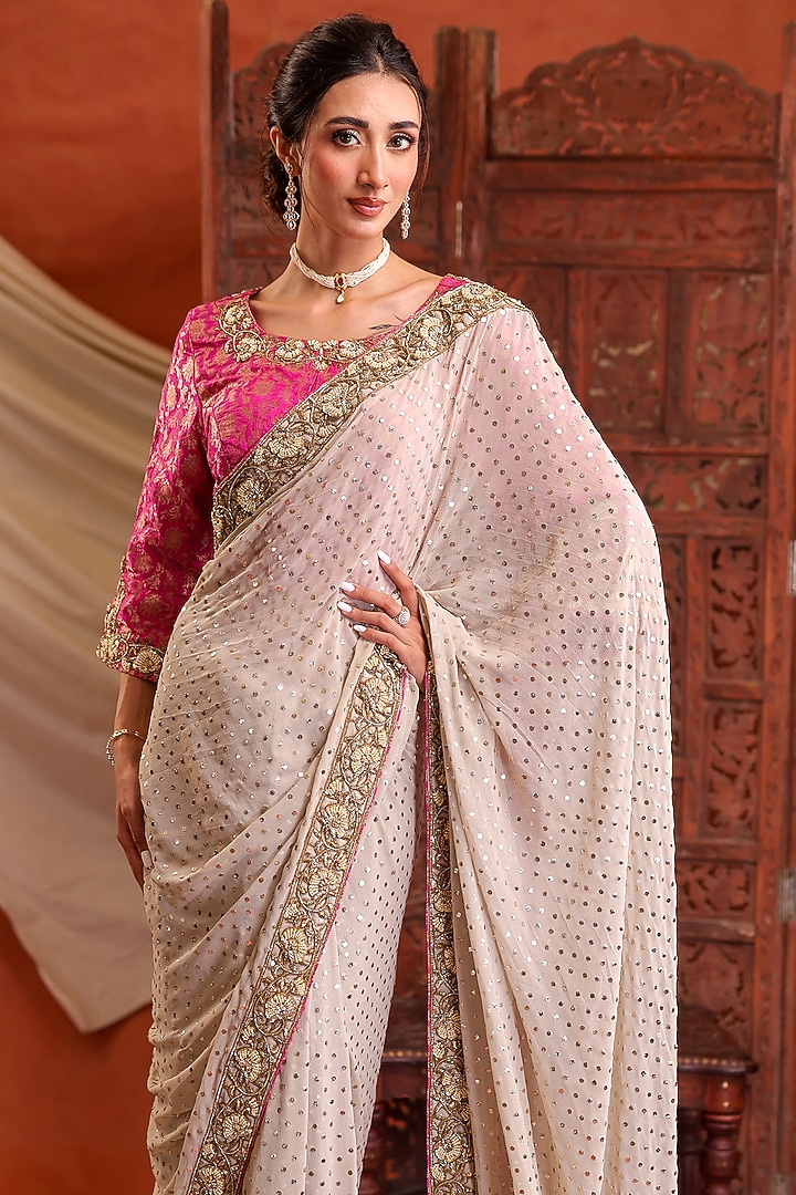 Ivory & Pink Pure Georgette Hand Embroidered Reception Saree Set by Farha Syed at Pernia's Pop Up Shop