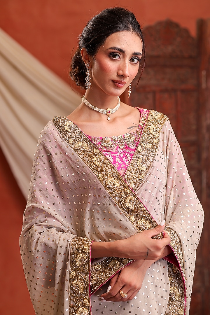 Ivory & Pink Pure Georgette Hand Embroidered Reception Saree Set by Farha Syed at Pernia's Pop Up Shop