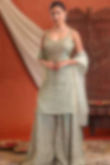 Mint Green Chanderi Tissue Silk Hand Embroidered Wedding Sharara Set by Farha Syed at Pernia's Pop Up Shop