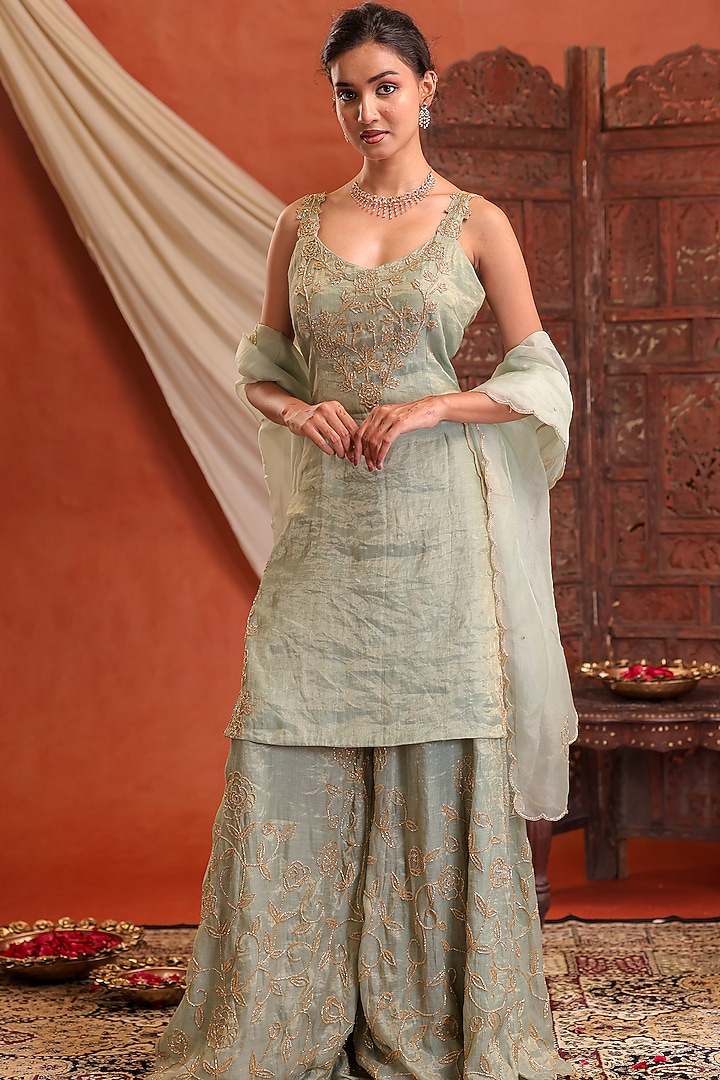 Mint Green Chanderi Tissue Silk Hand Embroidered Wedding Sharara Set by Farha Syed at Pernia's Pop Up Shop