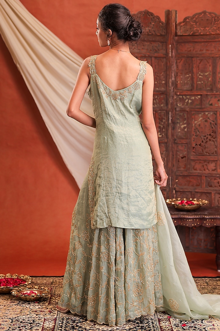 Mint Green Chanderi Tissue Silk Hand Embroidered Wedding Sharara Set by Farha Syed at Pernia's Pop Up Shop