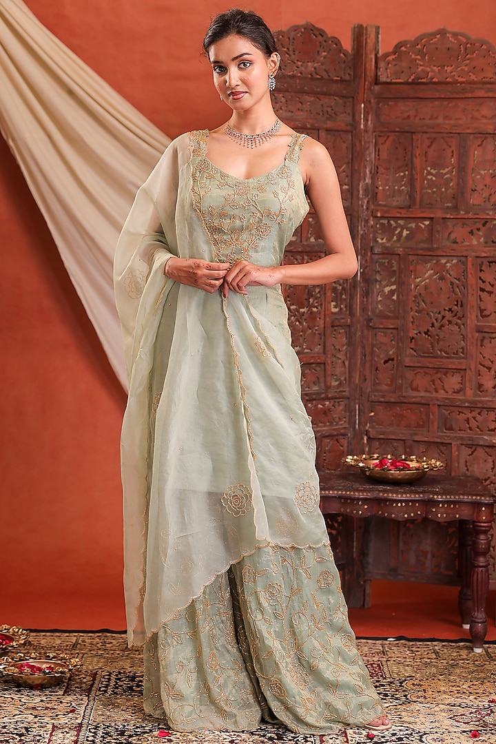 Mint Green Chanderi Tissue Silk Hand Embroidered Wedding Sharara Set by Farha Syed at Pernia's Pop Up Shop