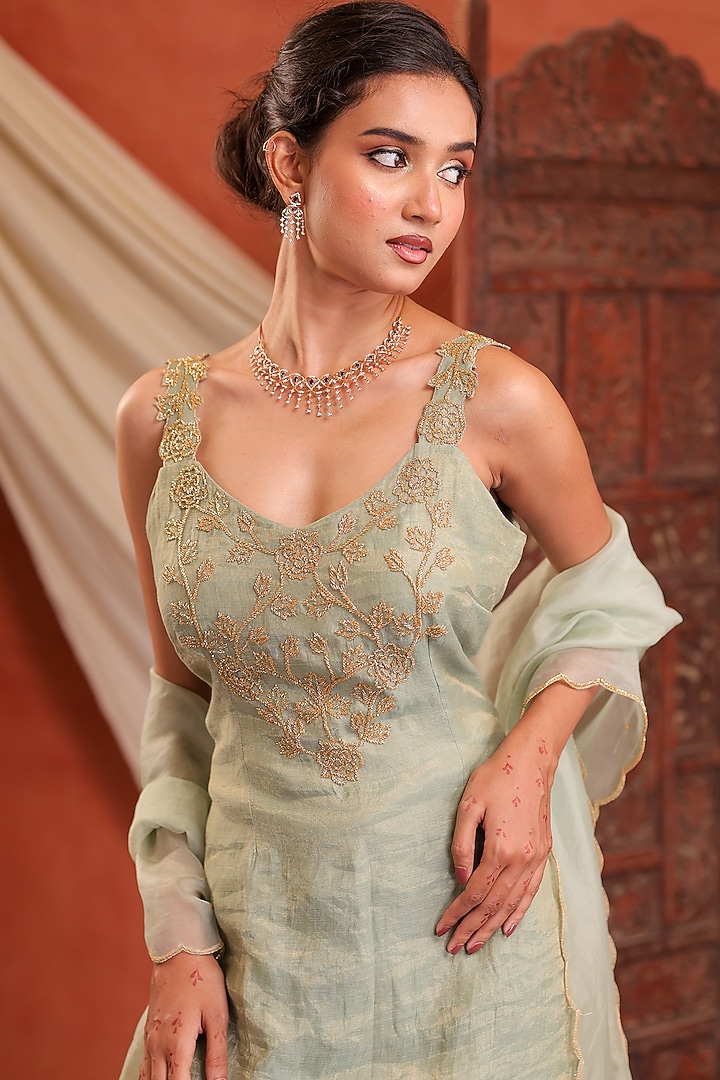 Mint Green Chanderi Tissue Silk Hand Embroidered Wedding Sharara Set by Farha Syed at Pernia's Pop Up Shop