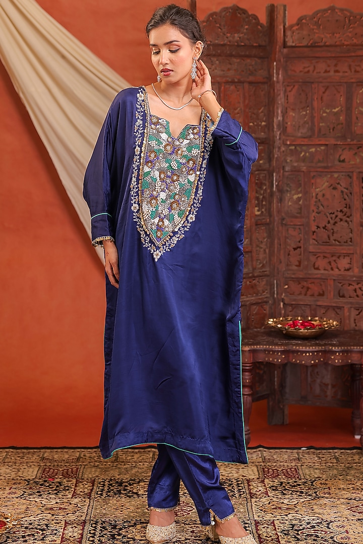 Navy Blue Raw Silk Cutdana Hand Embroidered Kaftan Set by Farha Syed at Pernia's Pop Up Shop