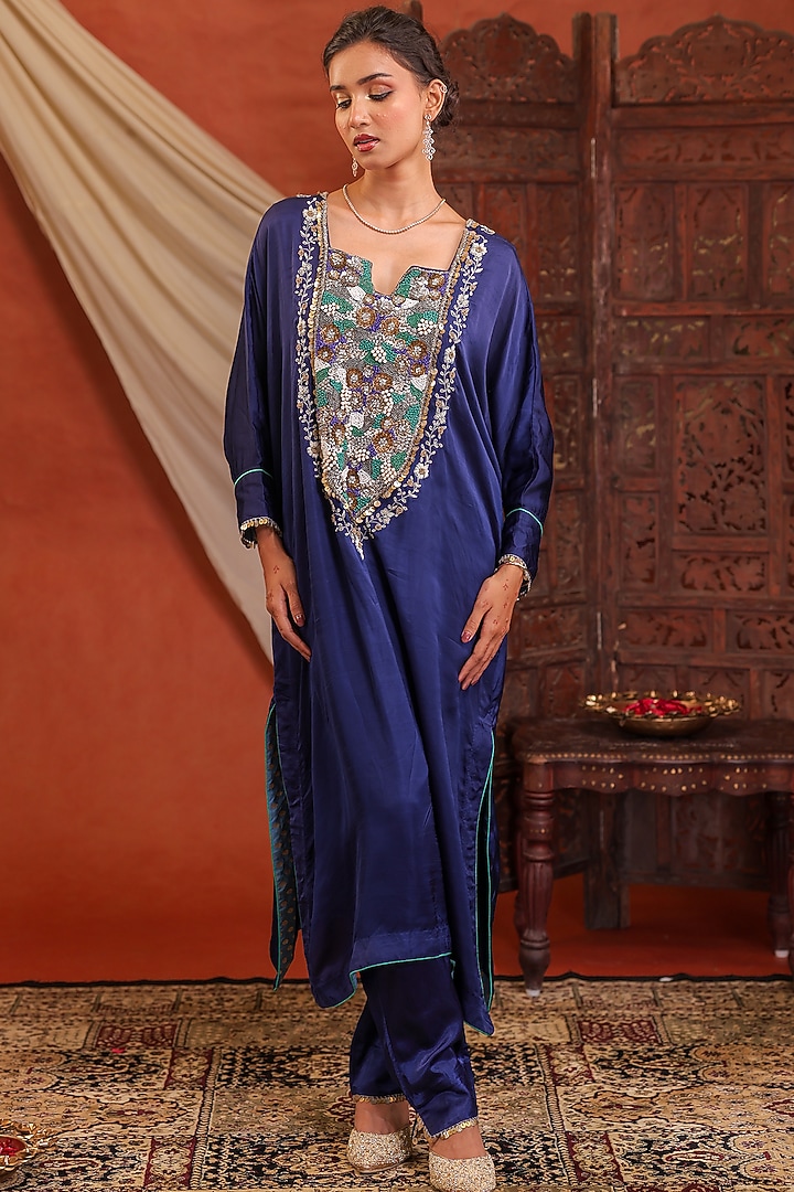 Navy Blue Raw Silk Cutdana Hand Embroidered Kaftan Set by Farha Syed at Pernia's Pop Up Shop