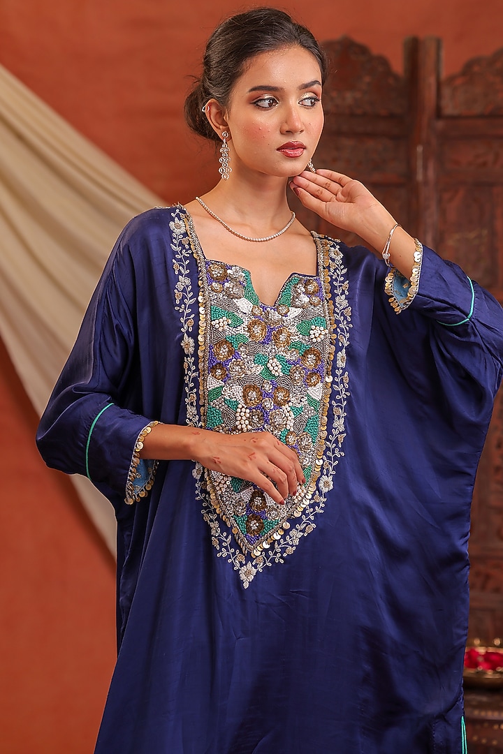 Navy Blue Raw Silk Cutdana Hand Embroidered Kaftan Set by Farha Syed at Pernia's Pop Up Shop