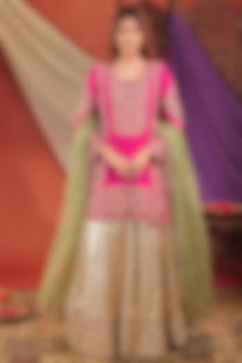 Ivory & Pink Gajji Satin Silk Hand Embroidered Wedding Lehenga Set by Farha Syed at Pernia's Pop Up Shop