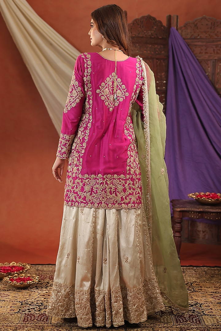 Ivory & Pink Gajji Satin Silk Hand Embroidered Wedding Lehenga Set by Farha Syed at Pernia's Pop Up Shop