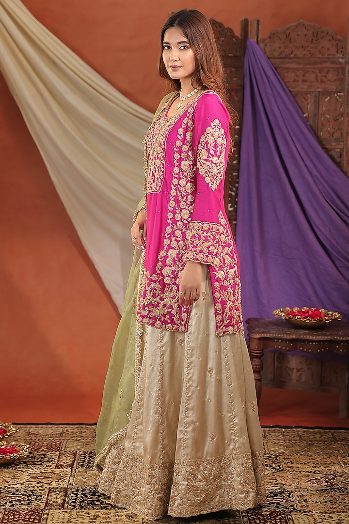 Ivory & Pink Gajji Satin Silk Hand Embroidered Wedding Lehenga Set by Farha Syed at Pernia's Pop Up Shop
