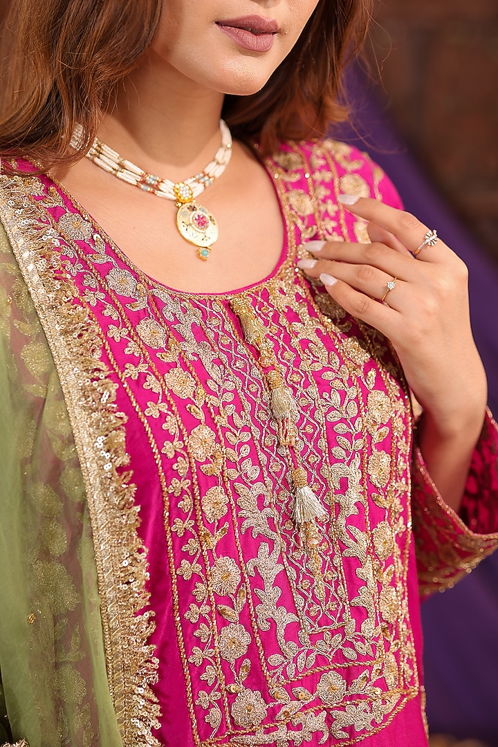 Ivory & Pink Gajji Satin Silk Hand Embroidered Wedding Lehenga Set by Farha Syed at Pernia's Pop Up Shop