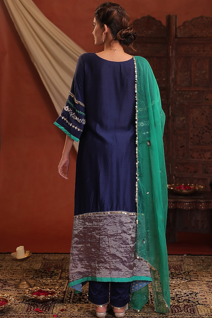 Navy Blue & Green Raw Silk Satin Hand Embroidered Kurta Set by Farha Syed at Pernia's Pop Up Shop