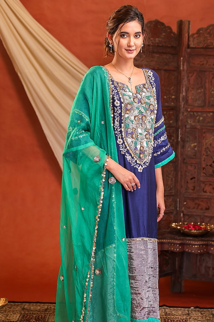 Navy Blue & Green Raw Silk Satin Hand Embroidered Kurta Set by Farha Syed at Pernia's Pop Up Shop