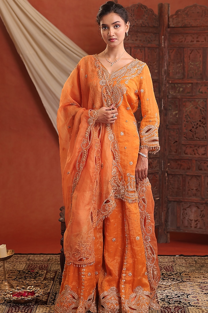 Tangerine Orange Chanderi Silk Tissue Hand Embroidered Wedding Sharara Set by Farha Syed at Pernia's Pop Up Shop