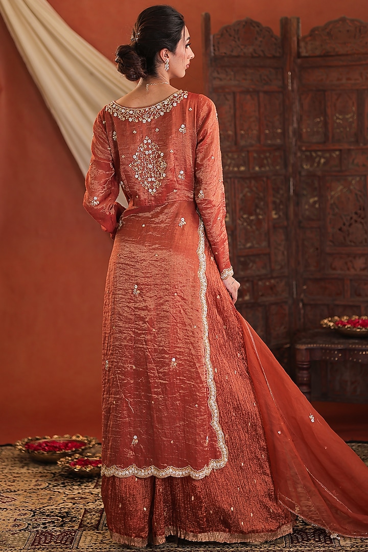 Rustic Orange Chanderi Silk Tissue Hand Embroidered Kurta Set by Farha Syed at Pernia's Pop Up Shop