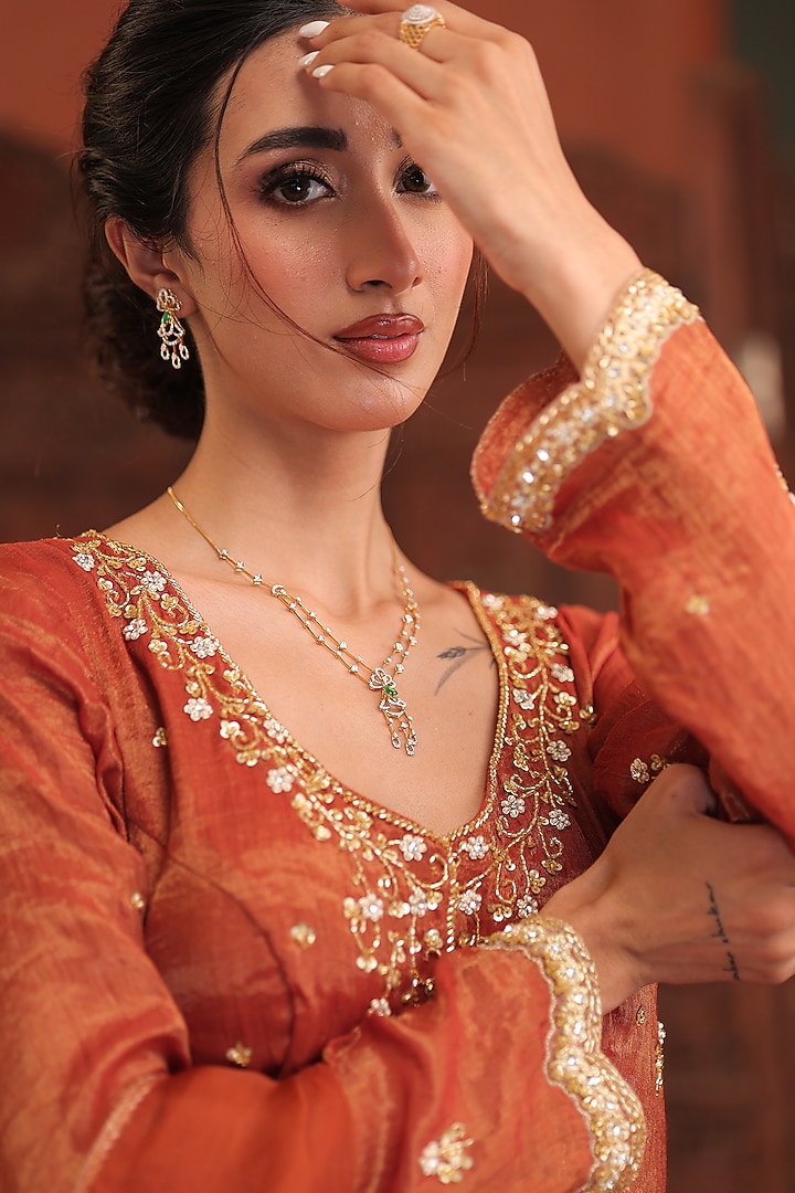 Rustic Orange Chanderi Silk Tissue Hand Embroidered Kurta Set by Farha Syed at Pernia's Pop Up Shop