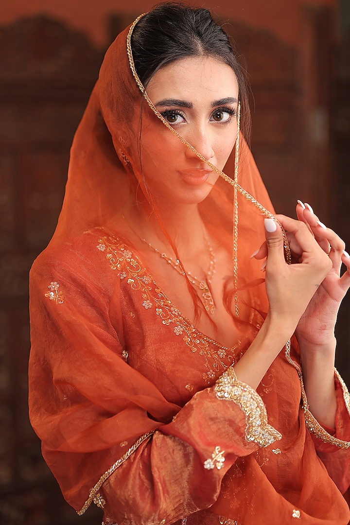 Rustic Orange Chanderi Silk Tissue Hand Embroidered Kurta Set by Farha Syed at Pernia's Pop Up Shop