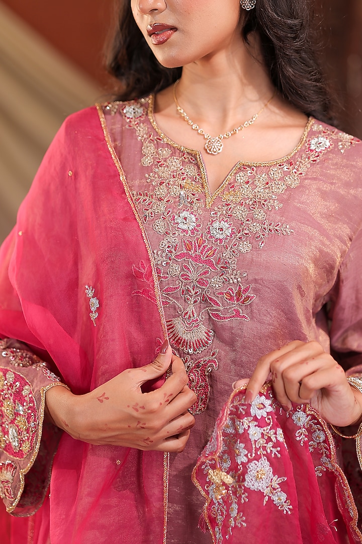 Lavender & Pink Chanderi Silk Tissue Hand Embroidered Kurta Set by Farha Syed at Pernia's Pop Up Shop