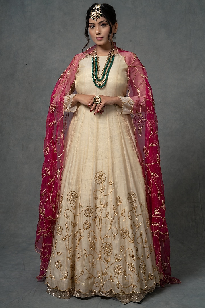 Ivory Gold Embroidered Wedding Anarkali Set by Farha Syed at Pernia's Pop Up Shop