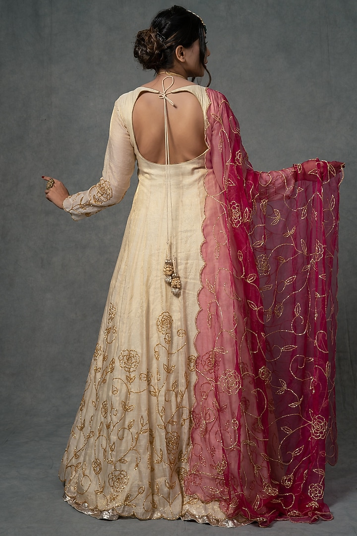 Ivory Gold Embroidered Wedding Anarkali Set by Farha Syed at Pernia's Pop Up Shop