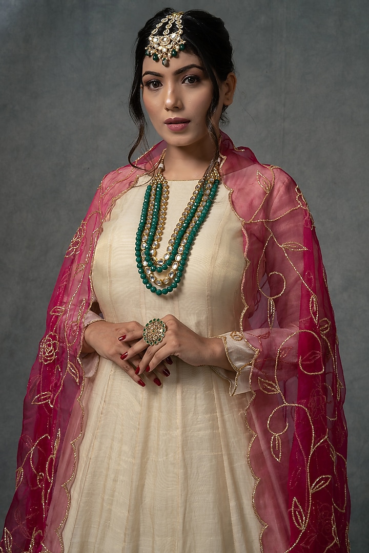 Ivory Gold Embroidered Wedding Anarkali Set by Farha Syed at Pernia's Pop Up Shop