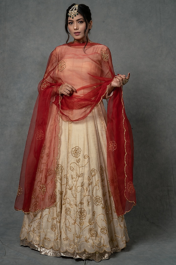 Ivory Gold Hand Embroidered Wedding Anarkali Set by Farha Syed at Pernia's Pop Up Shop